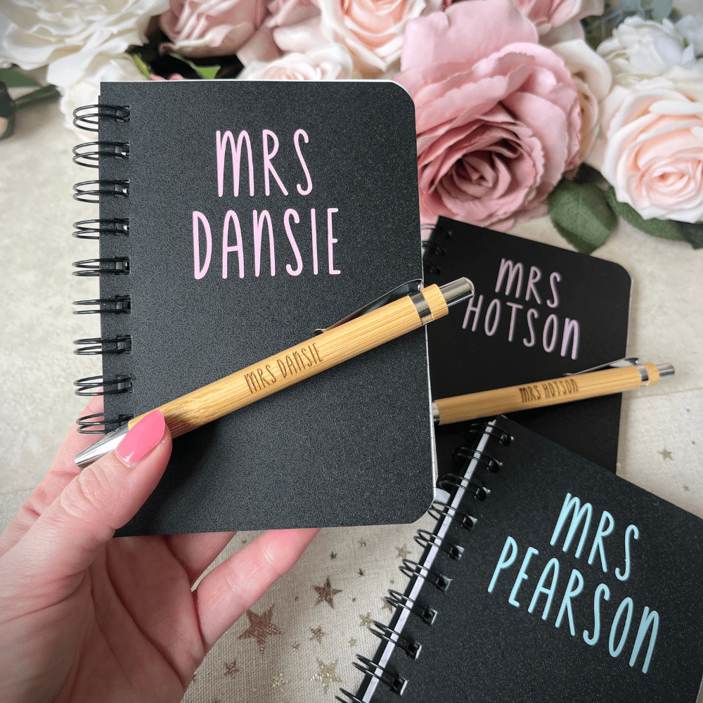 Engraved bamboo pen with customised pastel notebook