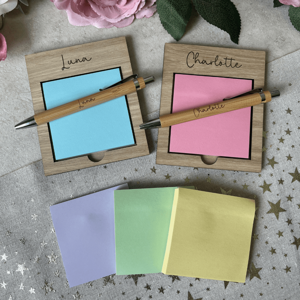 Teacher or TA leaving gift – custom sticky note holder with matching engraved pen