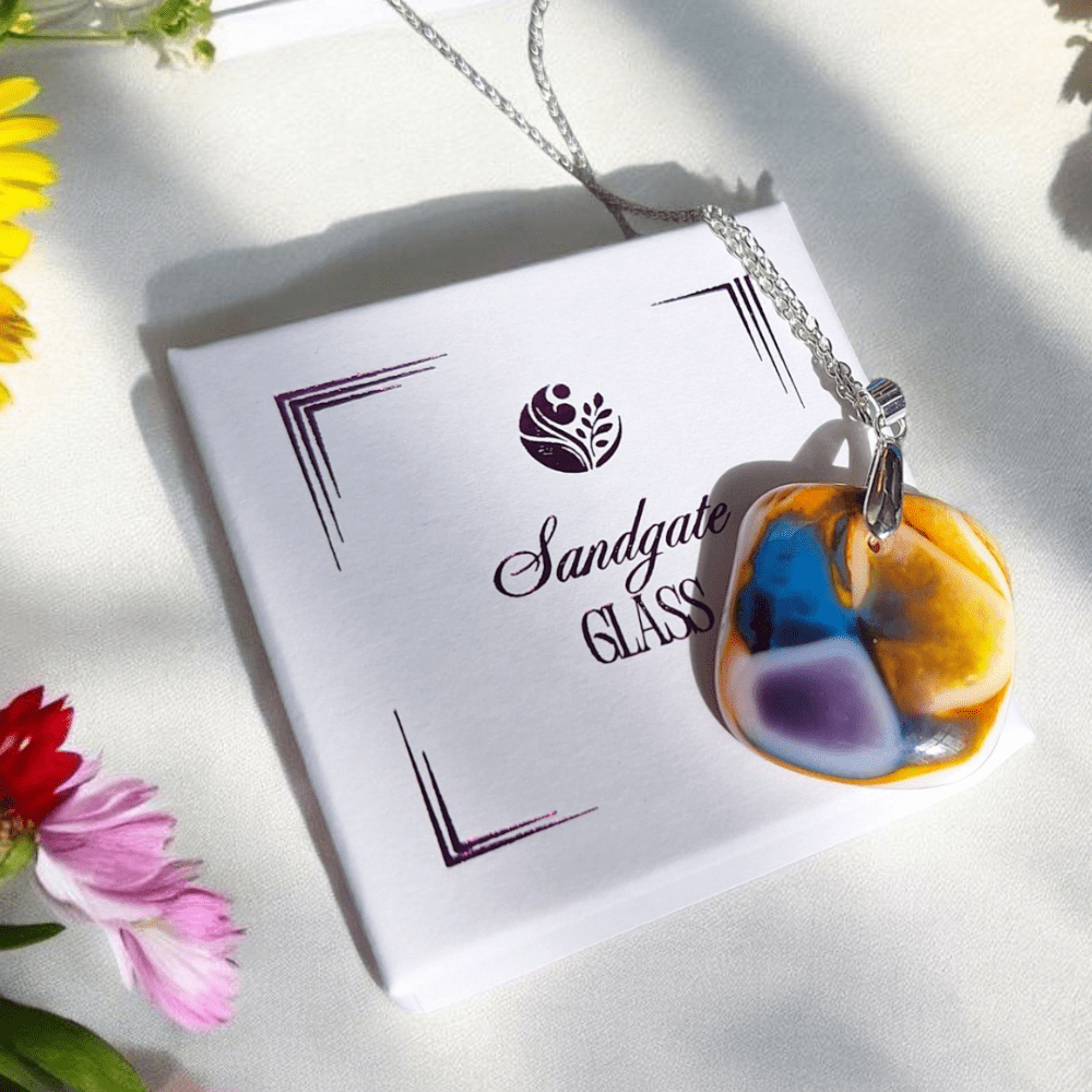 Handmade Fused Glass Pendant Necklace – Colourful Yellow, Purple & Blue – 3cm – 18" Silver Plated Chain – Unique Gift for Her - Image 6