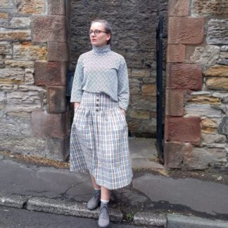 check midi skirt and turtle neck top