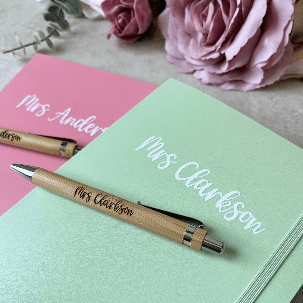 Engraved bamboo pen included in matching teacher gift set