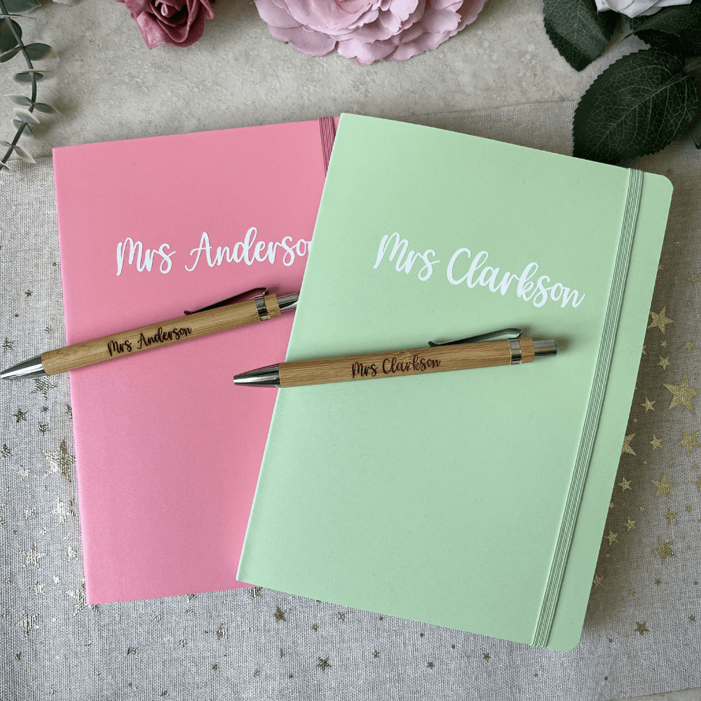 Personalised pastel notebook and pen set with teacher's name.