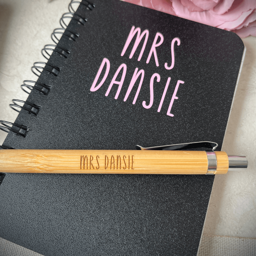 Personalised notebook and engraved pen set for teacher gift