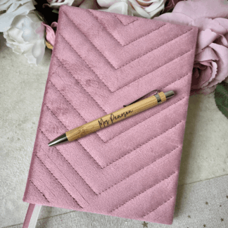 Pink notebook and personalised pen set for teacher – personalised gift