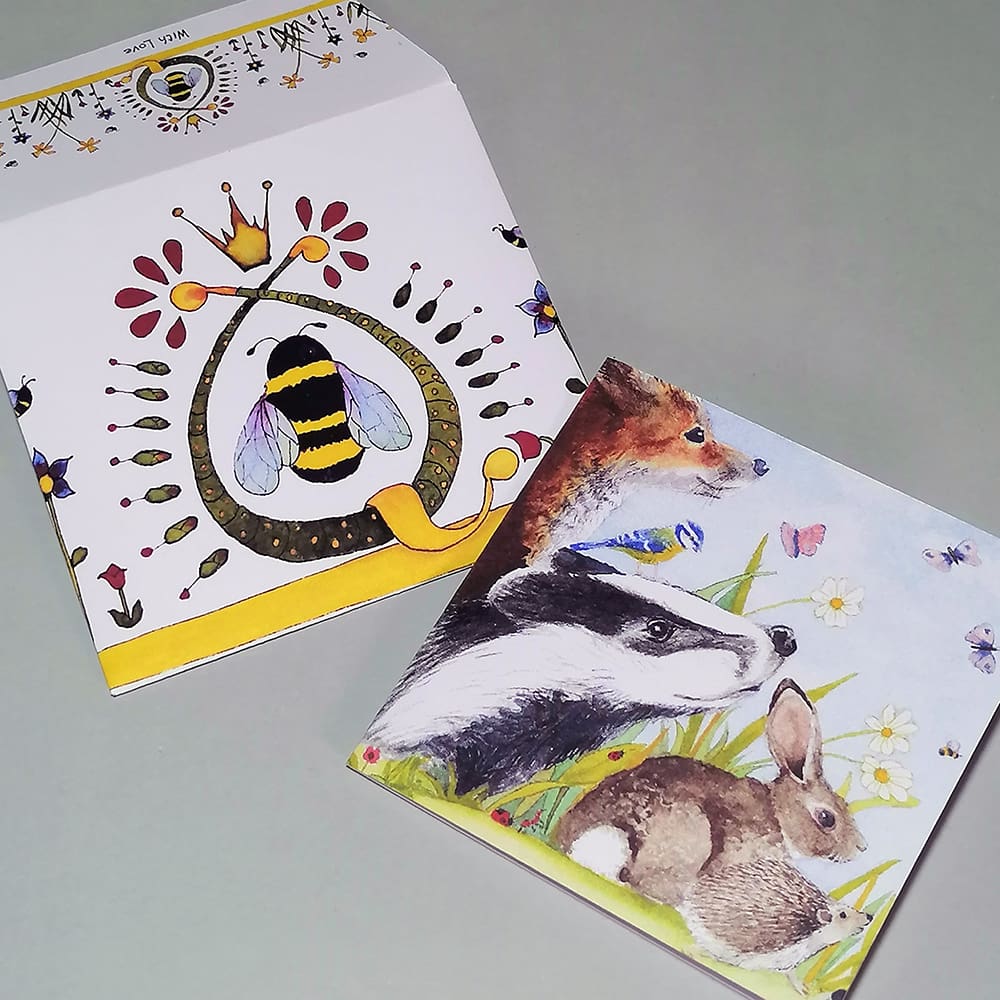 Upgraded handmade gift card service. A keepsake card featuring British wildlife, with a hand written personalised message. The handmade printed envelope featuring bees has a velcro button seal making it reusable and non-damaging