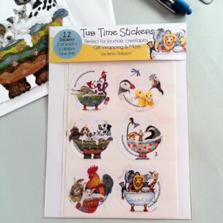 A fun set of twelve colourful self adhesive stickers of quirky characters sharing a bath. Ideal for sealing card envelopes, gift wrap or decorating journals.
