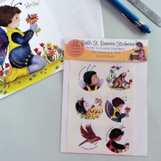 An cute set of twelve colourful self adhesive stickers of quirky characters. Ideal for sealing card envelopes, gift wrap or decorating journals.