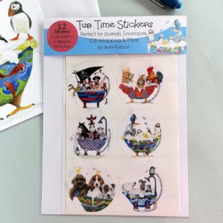 A fun set of twelve colourful self adhesive stickers of quirky characters sharing a bath. Ideal for sealing card envelopes, gift wrap or decorating journals.