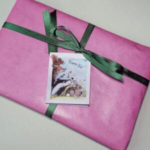 Upgrade Gift Wrap Service. High quality outer gift wrap secured with a soft satin ribbon and a gift tag featuring wildlife characters