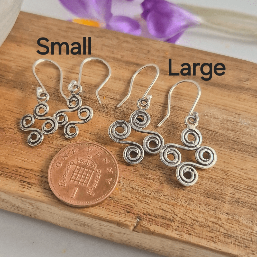 Photo showing the size difference between the small and large earrings.