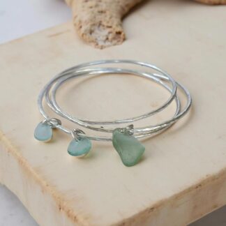 Silver Trio Interlinked Bangle With Sea Glass Charms