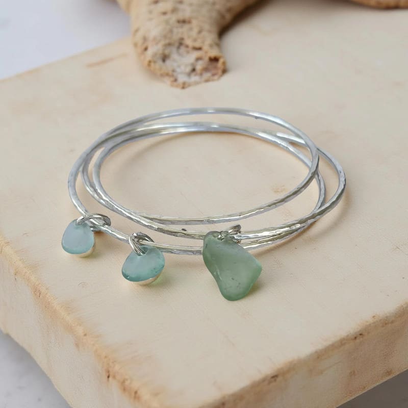 Silver Trio Interlinked Bangle With Sea Glass Charms
