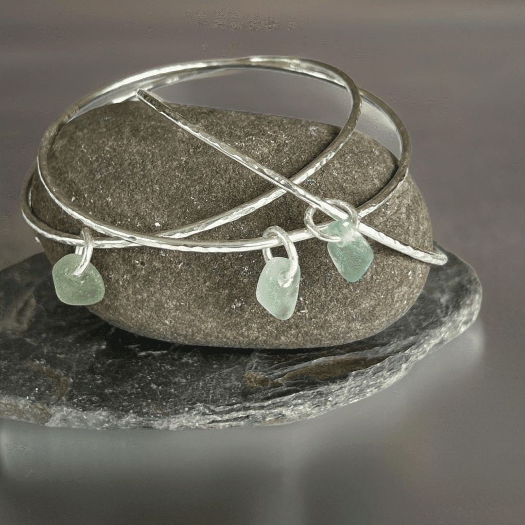 Silver Trio Interlinked Bangle With Sea Glass Charms - Image 2