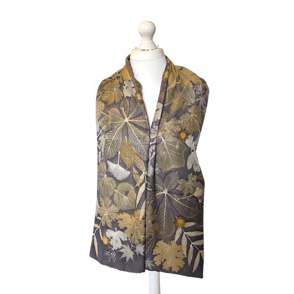 Midnight Blue Bamboo Silk Satin Scarf Naturally Dyed and Botanically Printed with Leaves and Flowers - Image 2