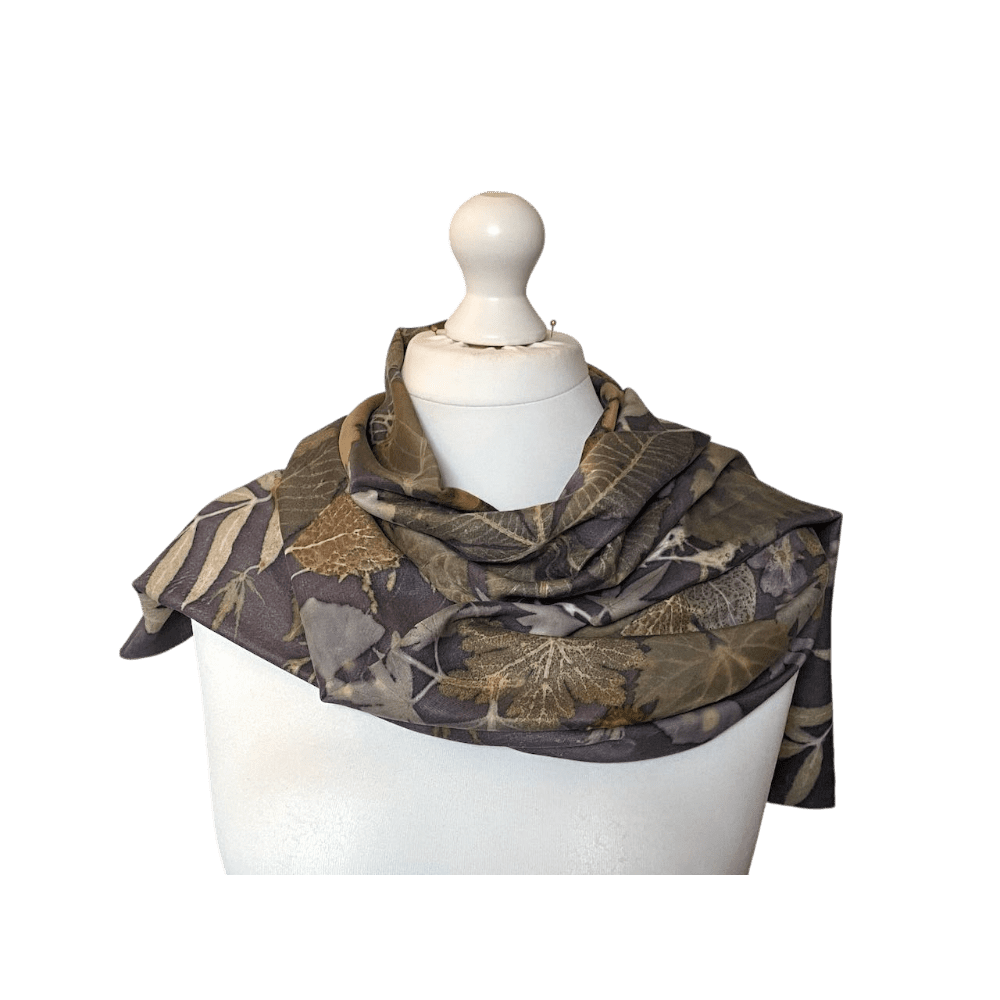 Midnight Blue Bamboo Silk Satin Scarf Naturally Dyed and Botanically Printed with Leaves and Flowers - Image 3