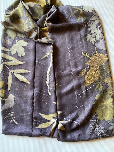 Midnight Blue Bamboo Silk Satin Scarf Naturally Dyed and Botanically Printed with Leaves and Flowers - Image 4
