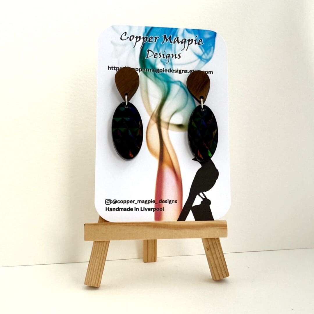 Art Deco style black holographic oval dangle earrings- handmde hyopallergenic boho jewellery. - Image 2