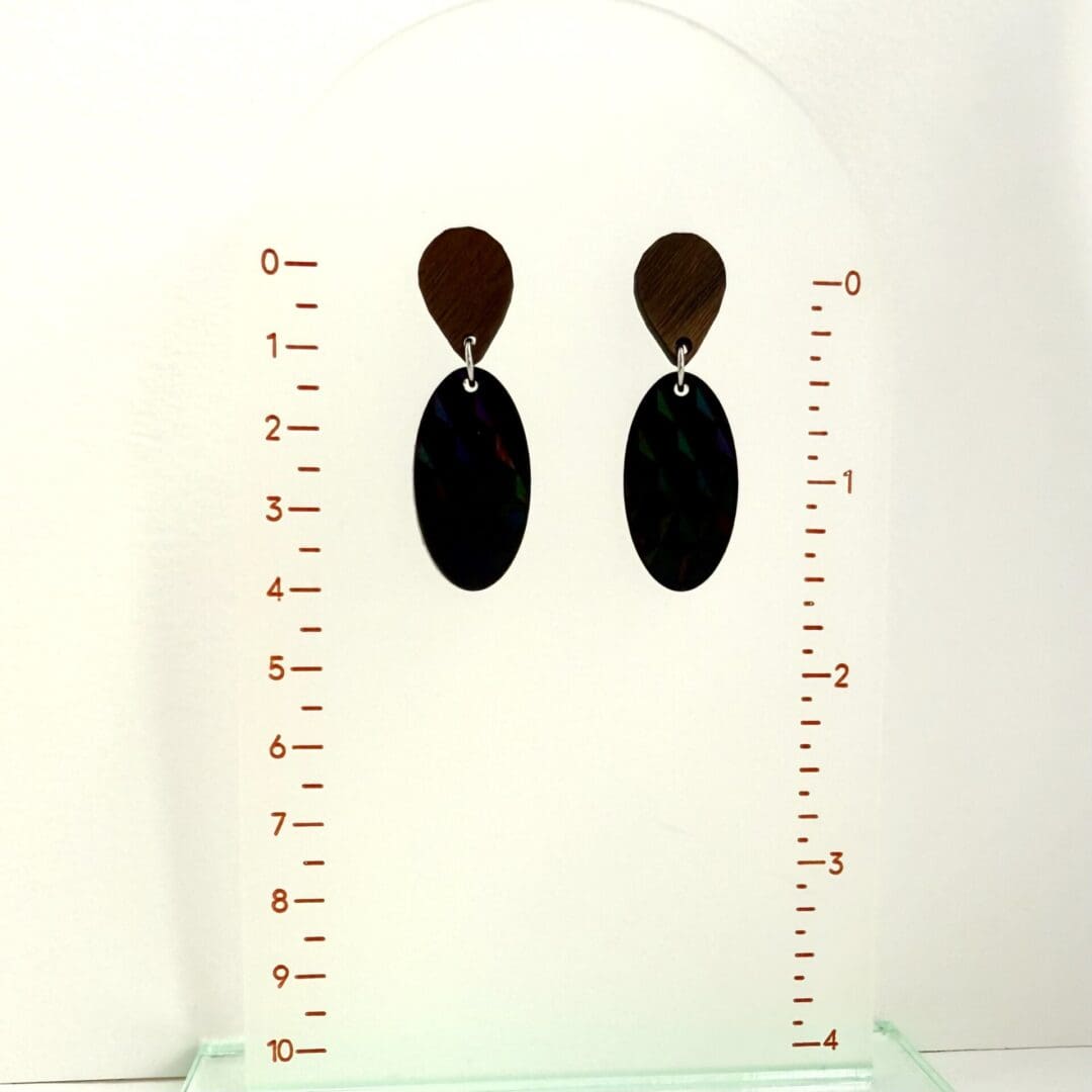 Art Deco style black holographic oval dangle earrings- handmde hyopallergenic boho jewellery. - Image 4