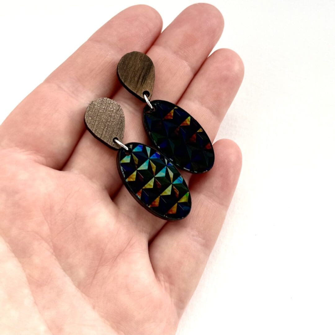Gorgeous black art deco style holographic texture effect ovals hung on upside down dark brown teardrop stud toppers.