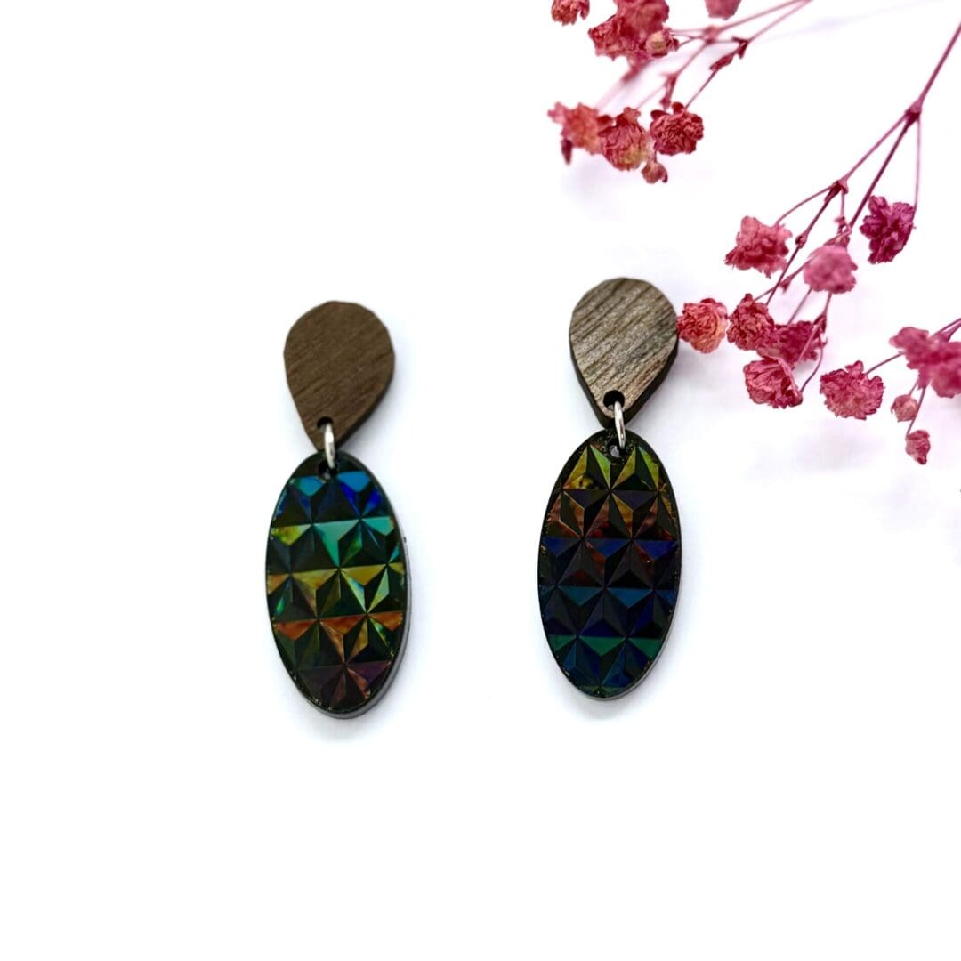 Art Deco style black holographic oval dangle earrings- handmde hyopallergenic boho jewellery. - Image 5