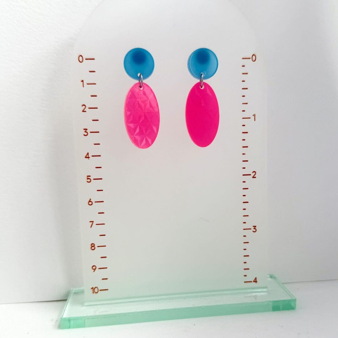 Neon Pink and Blue Art Deco Holographic Dangle Earrings- Neon Hypoallergenic Jewellery - Image 4