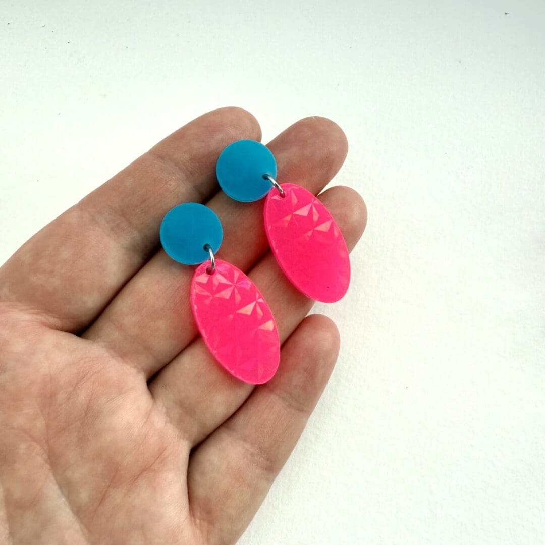 Neon Pink and Blue Art Deco Holographic Dangle Earrings- Neon Hypoallergenic Jewellery - Image 5