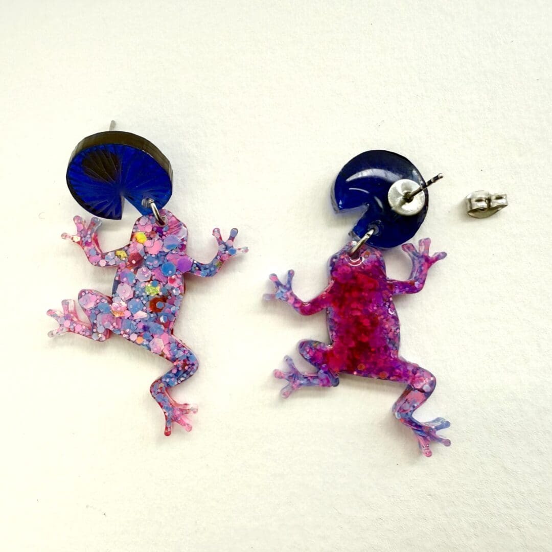 Handmade pink glitter frog earrings with blue lily pad tops. - Image 4