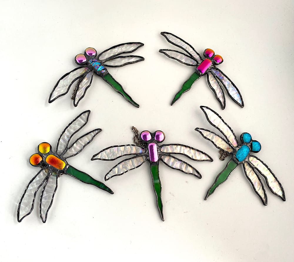Stained glass dragonflies in dichroic glass