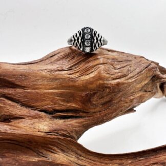 4 stone ring with sides that are a cage lattice with some oxidisation to the silver sitting on a small wooden branch
