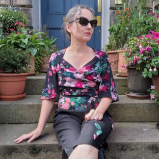 Wrap blouse with queen Anne neckline, black pink green floral kimono top, short split sleeve summer shirt.