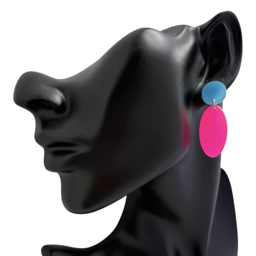 Neon Pink and Blue Art Deco Holographic Dangle Earrings- Neon Hypoallergenic Jewellery - Image 2