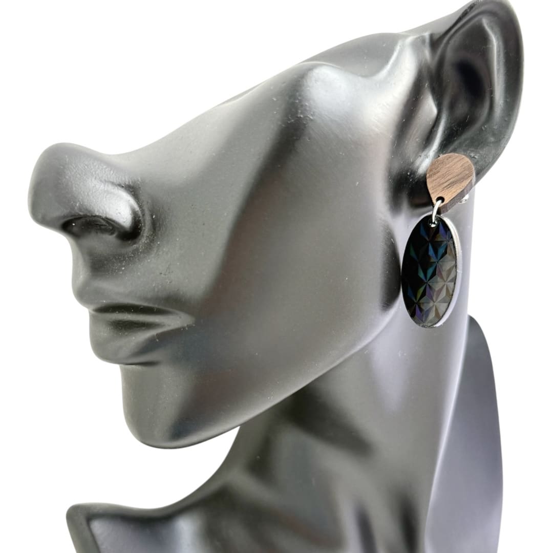 Art Deco style black holographic oval dangle earrings- handmde hyopallergenic boho jewellery. - Image 7