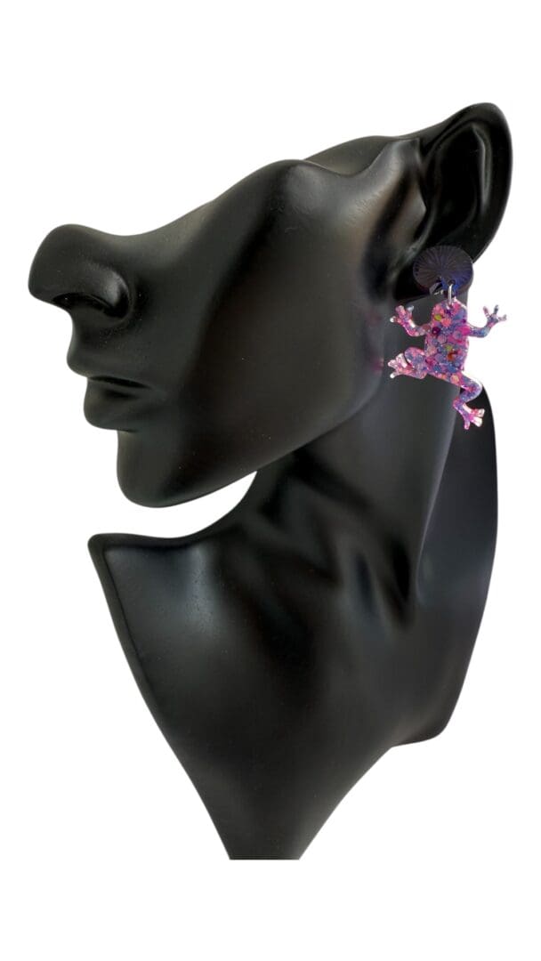Handmade pink glitter frog earrings with blue lily pad tops. - Image 5