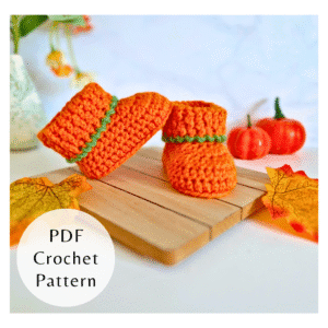 Handmade pumpkin baby booties crochet pattern PDF, easy step-by-step instructions for newborn to 6 months, ideal autumn or Halloween gift