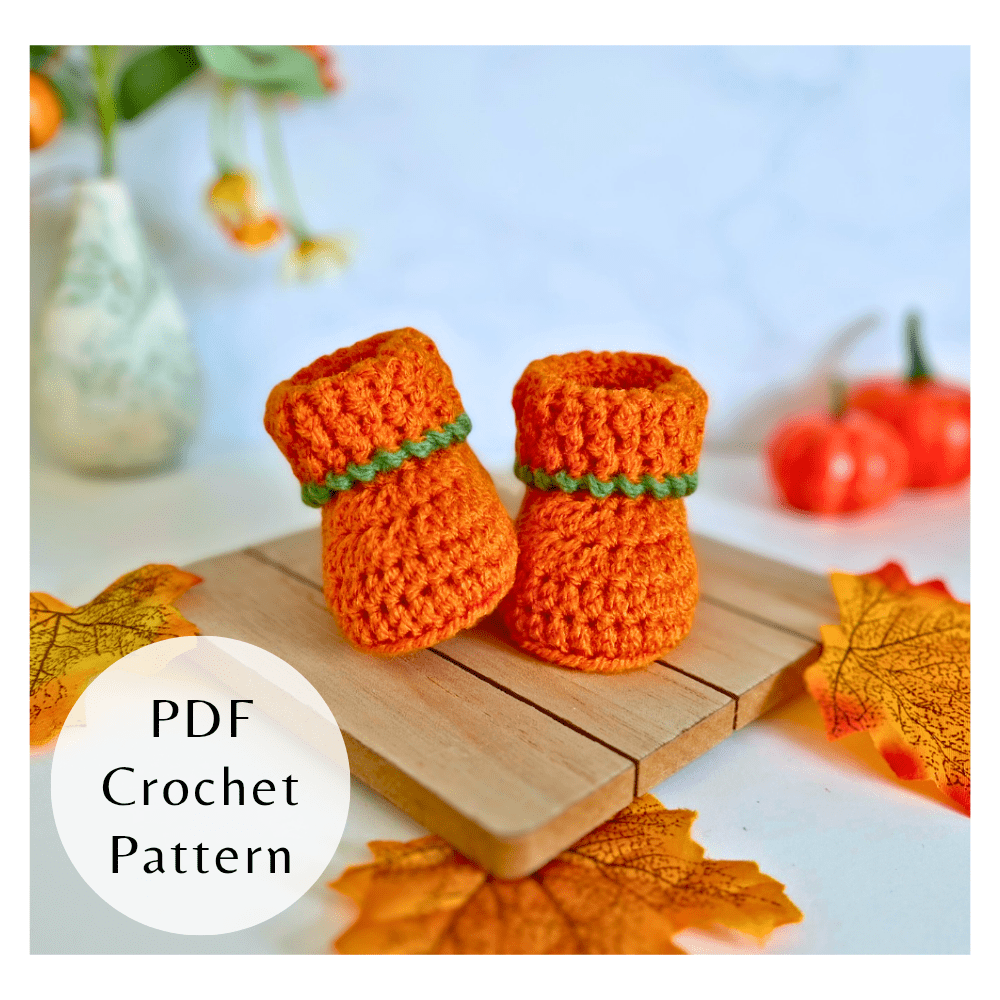 Handmade pumpkin baby booties crochet pattern PDF, easy step-by-step instructions for newborn to 6 months, ideal autumn or Halloween gift
