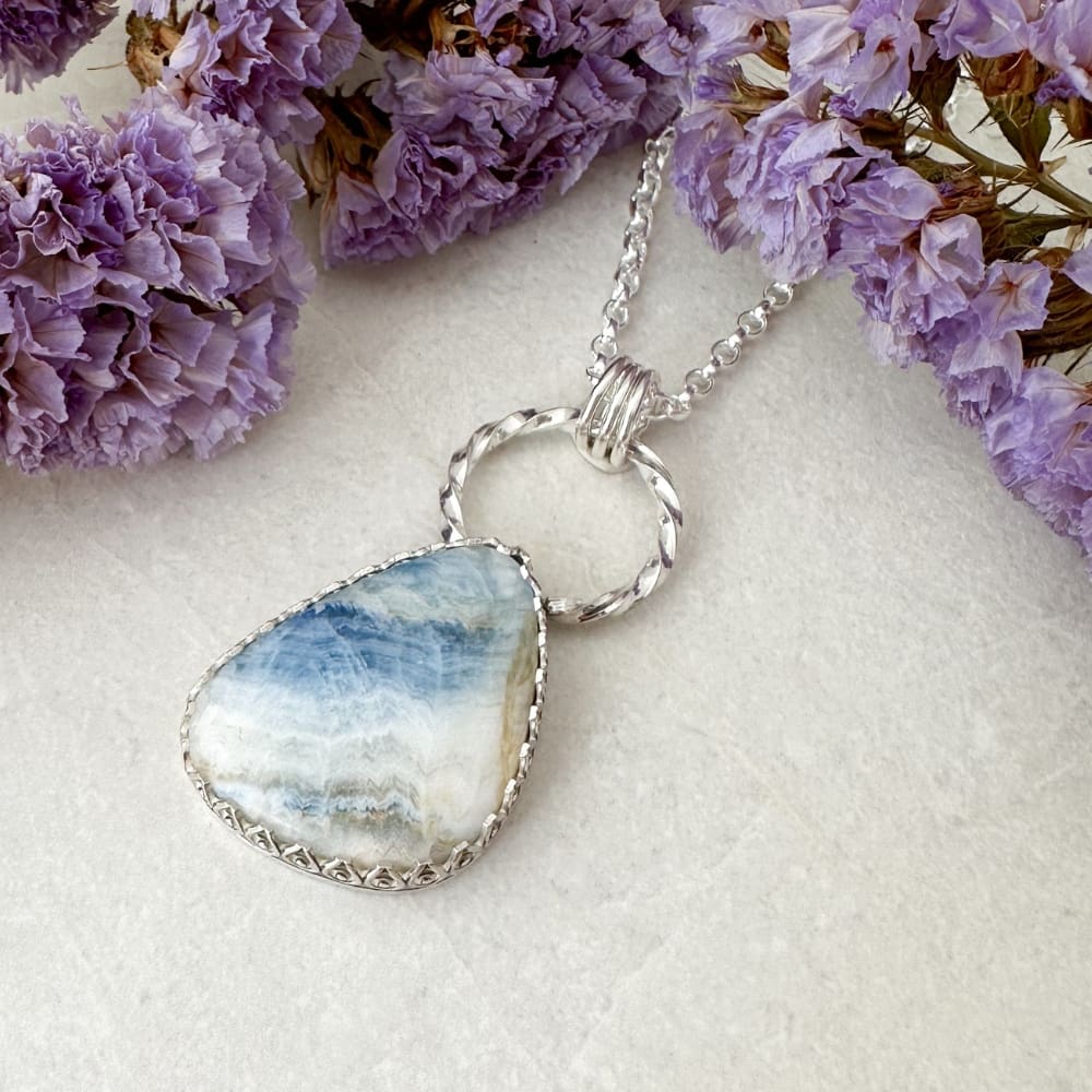 Blue and White Scheelite Gemstone Silver Handmade Necklace - Image 7