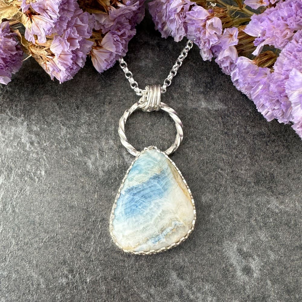 Blue and White Scheelite Gemstone Silver Handmade Necklace - Image 4