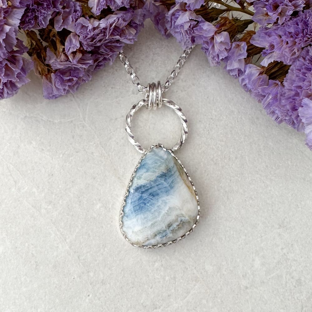 Blue and white scheelite gemstone necklace inspired by the Norwegian Fjords