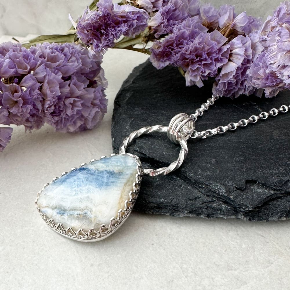 Blue and White Scheelite Gemstone Silver Handmade Necklace - Image 5