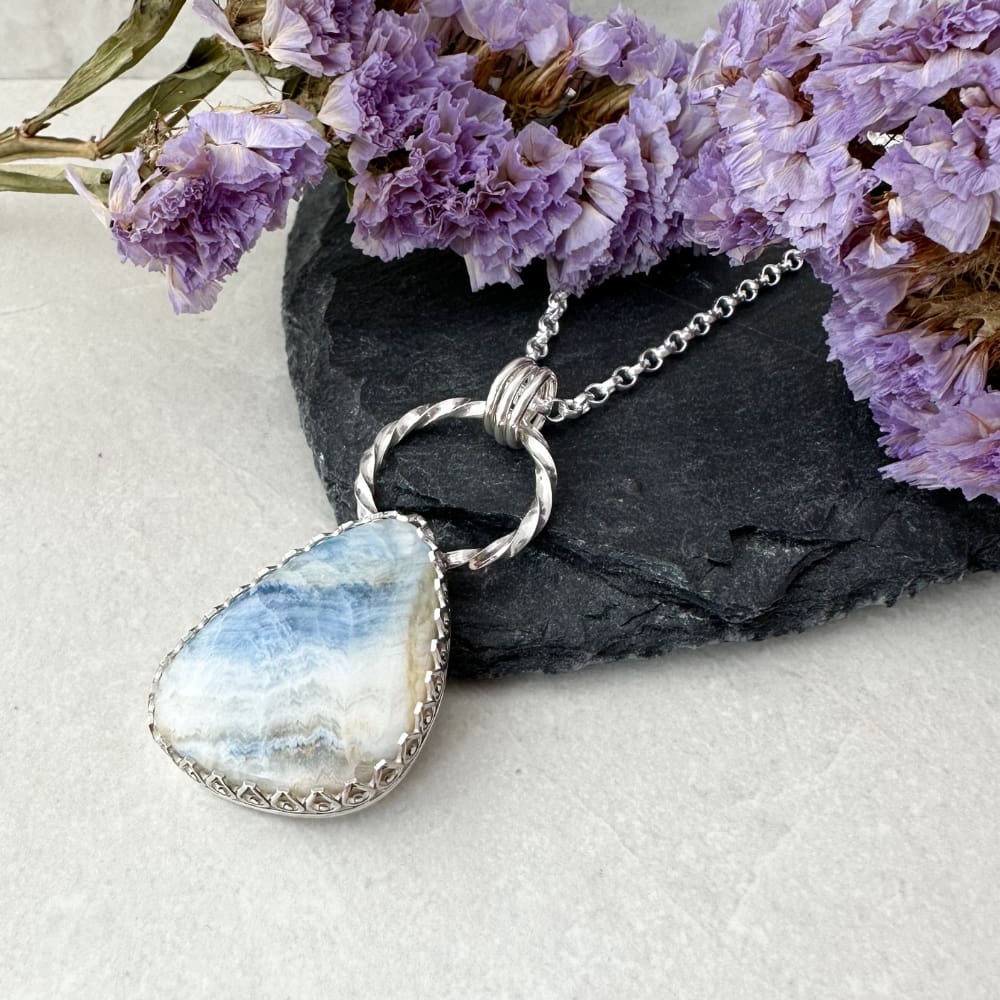Blue and white scheelite gemstone necklace inspired by the Norwegian Fjords