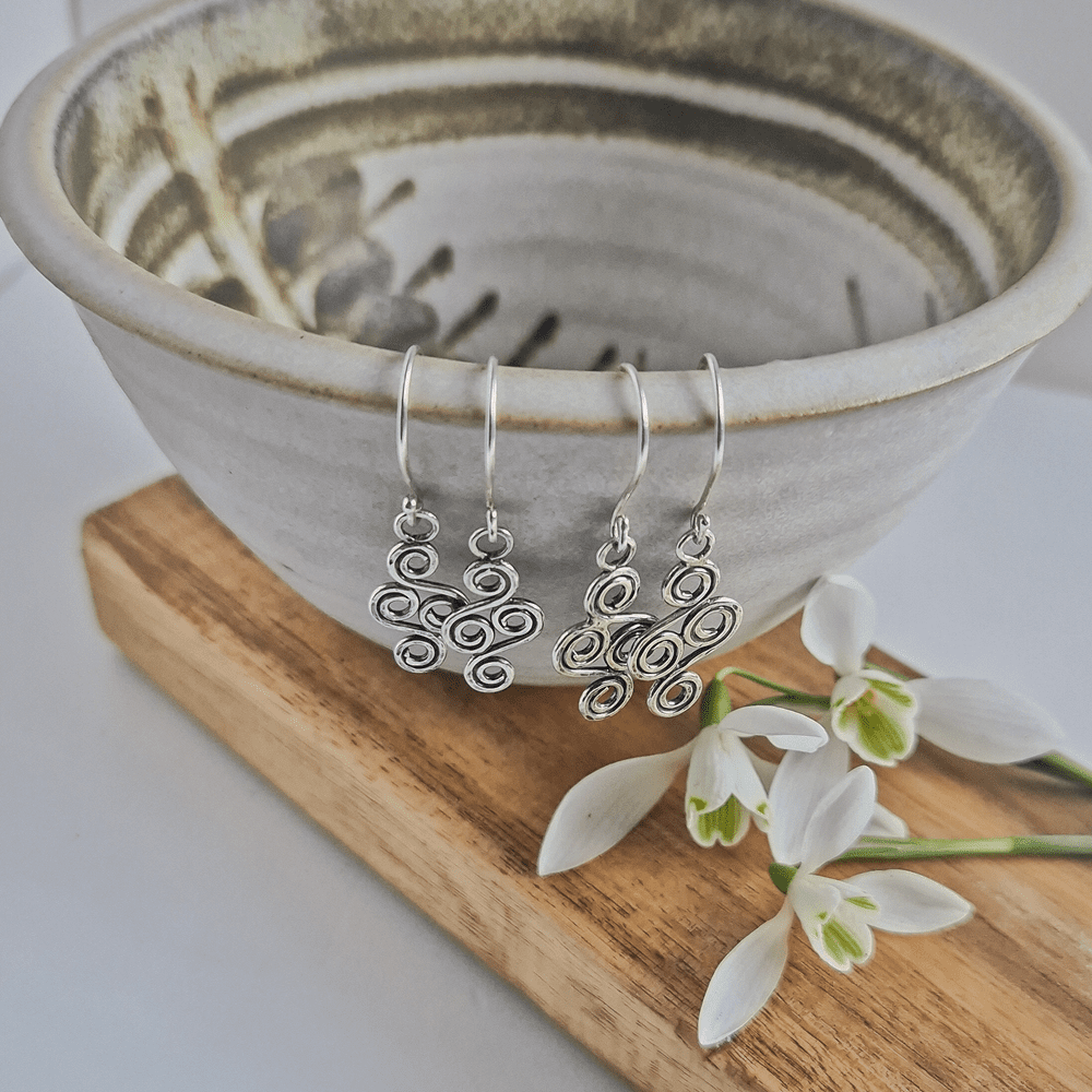 Photo of two pairs of double-ended spiral earrings in silver hanging off the edge of a bowl.
