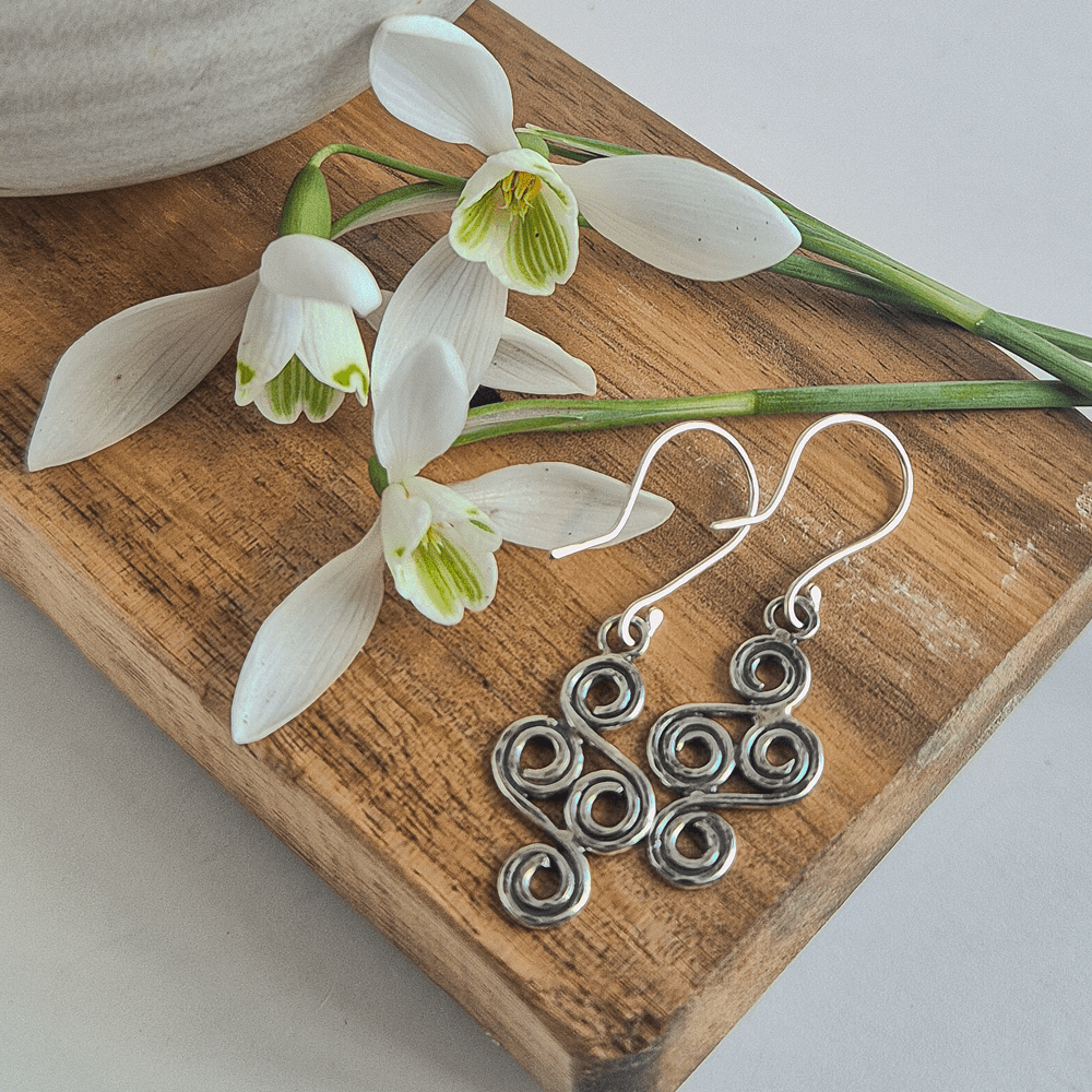 Overhead view of the large double-ended spirals earrings.