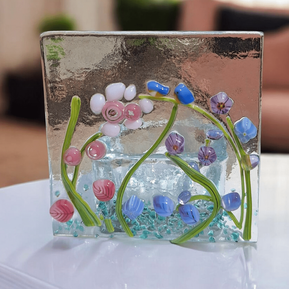 Fused Glass Wildflower Candle Holder with Bluebird Tealight - Image 8