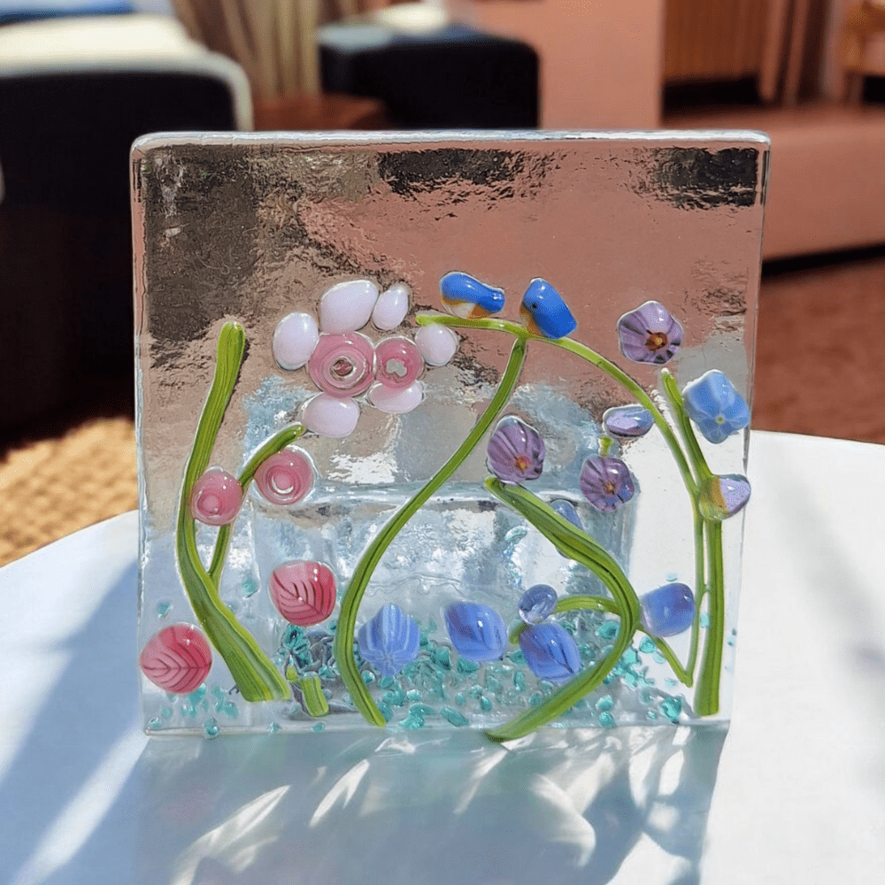 Fused Glass Wildflower Candle Holder with Bluebird Tealight - Image 7