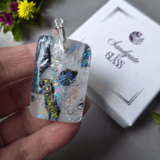 Handmade dichroic fused glass pendant with iridescent shimmer on a white base, silver-plated bail and chain, artisan necklace gift for her, perfect for birthday, summer or anniversary.