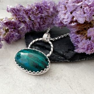 Green Chrysocolla gemstone set in a sterling silver necklace