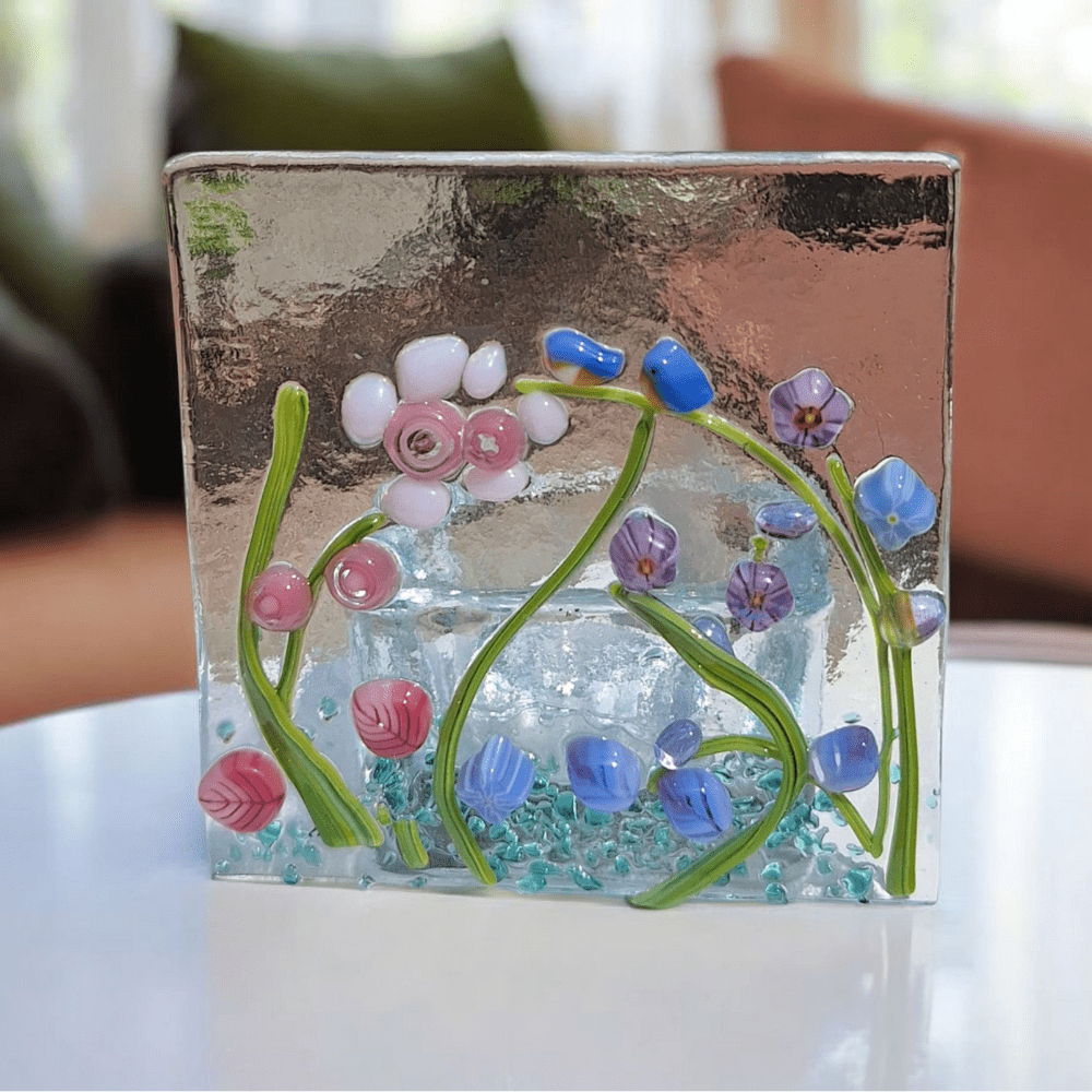 Fused Glass Wildflower Candle Holder with Bluebird Tealight - Image 6