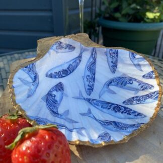 Large Handcrafted Scallop Shell with Blue Fish