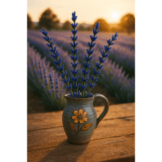 Photo is an AI generated image using my french beaded lavender in a rustic jug, placed on a wooden bench with a lavender field in the background