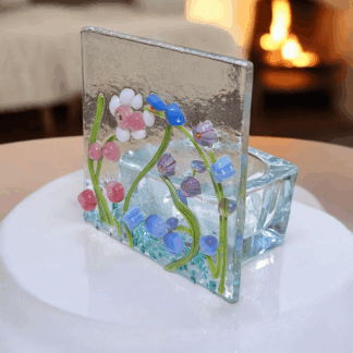Fused glass tealight holder with handmade floral meadow design and bluebirds, artisan spring home decor gift idea